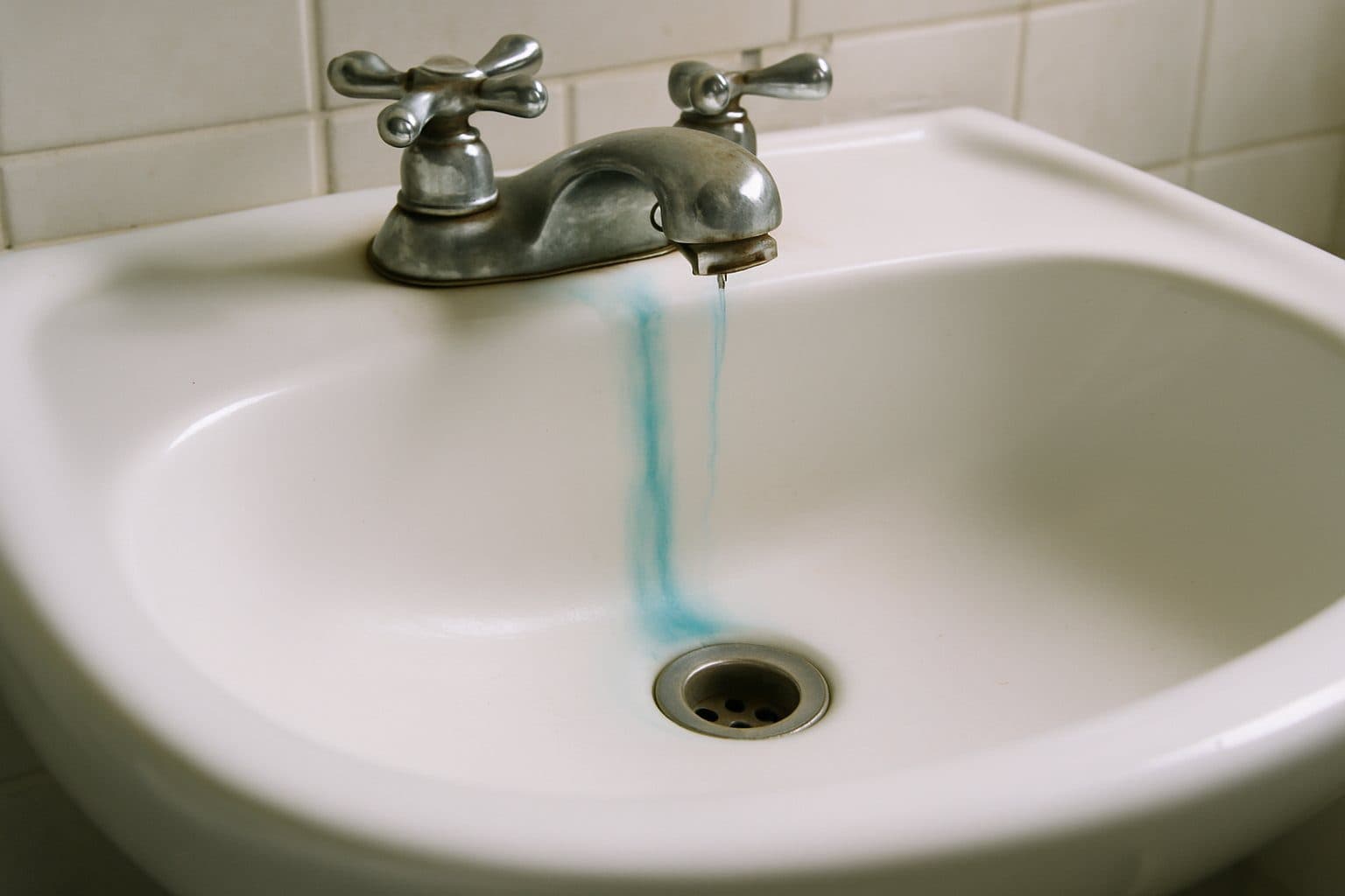 Blue-green stain streaking down a white sink basin below the faucet