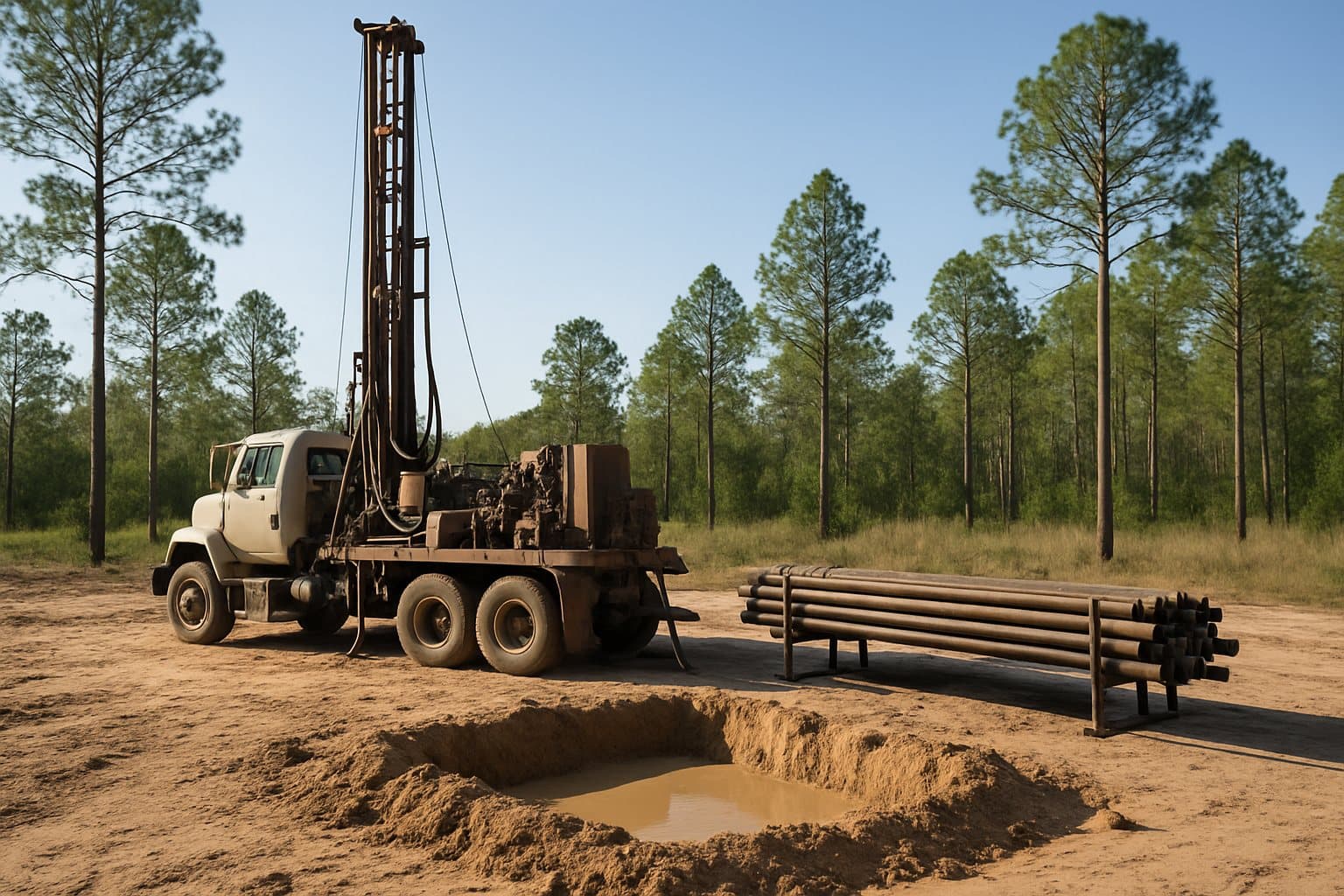A water-well drilling rig set up on a cleared rural lot