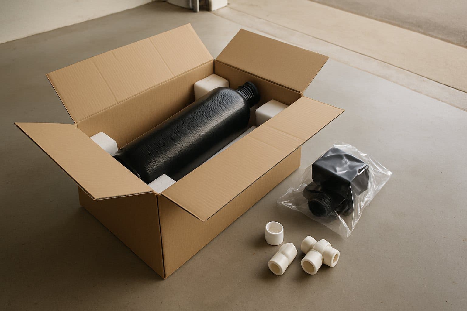 An opened shipping box holding a new water-treatment tank and valve on a garage floor