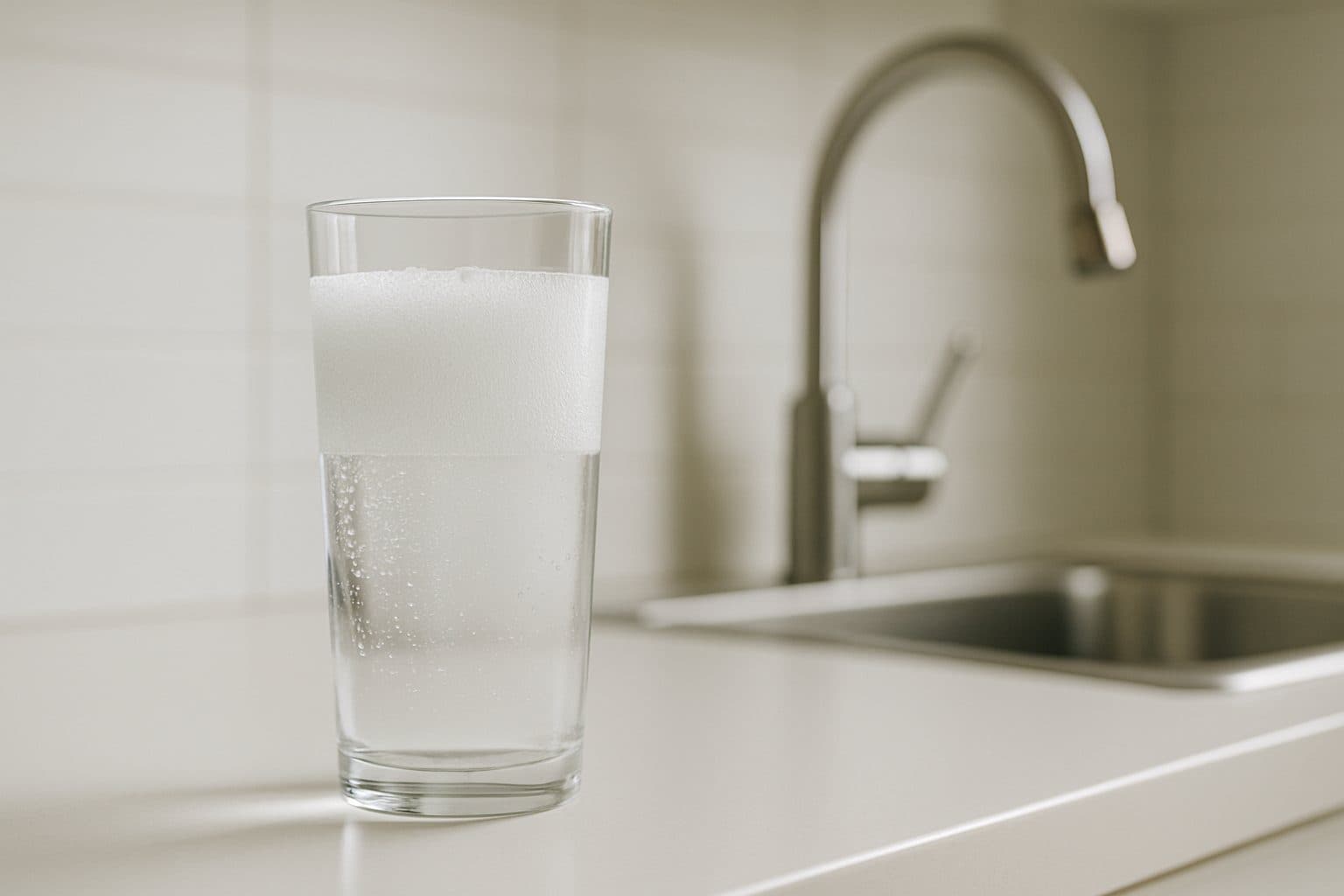 A glass of cloudy tap water clearing from the bottom up as air bubbles rise