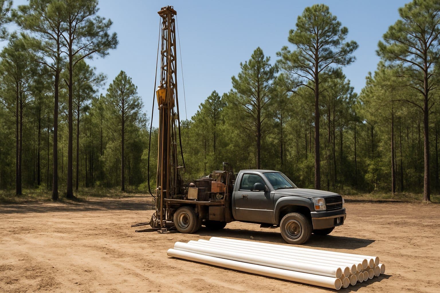A water-well drilling rig on a cleared sandy lot among pines