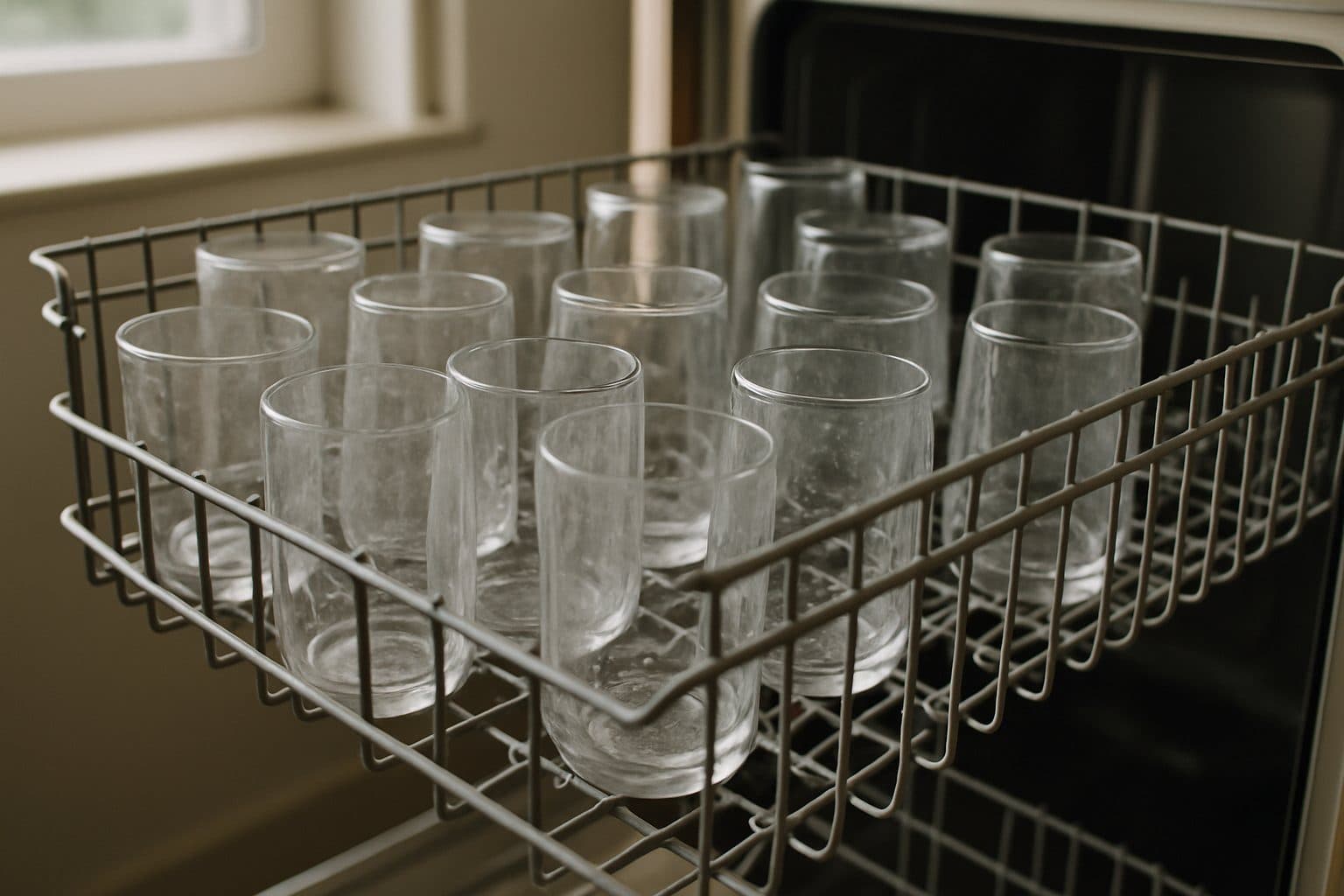 Drinking glasses with white water spots in an open dishwasher rack