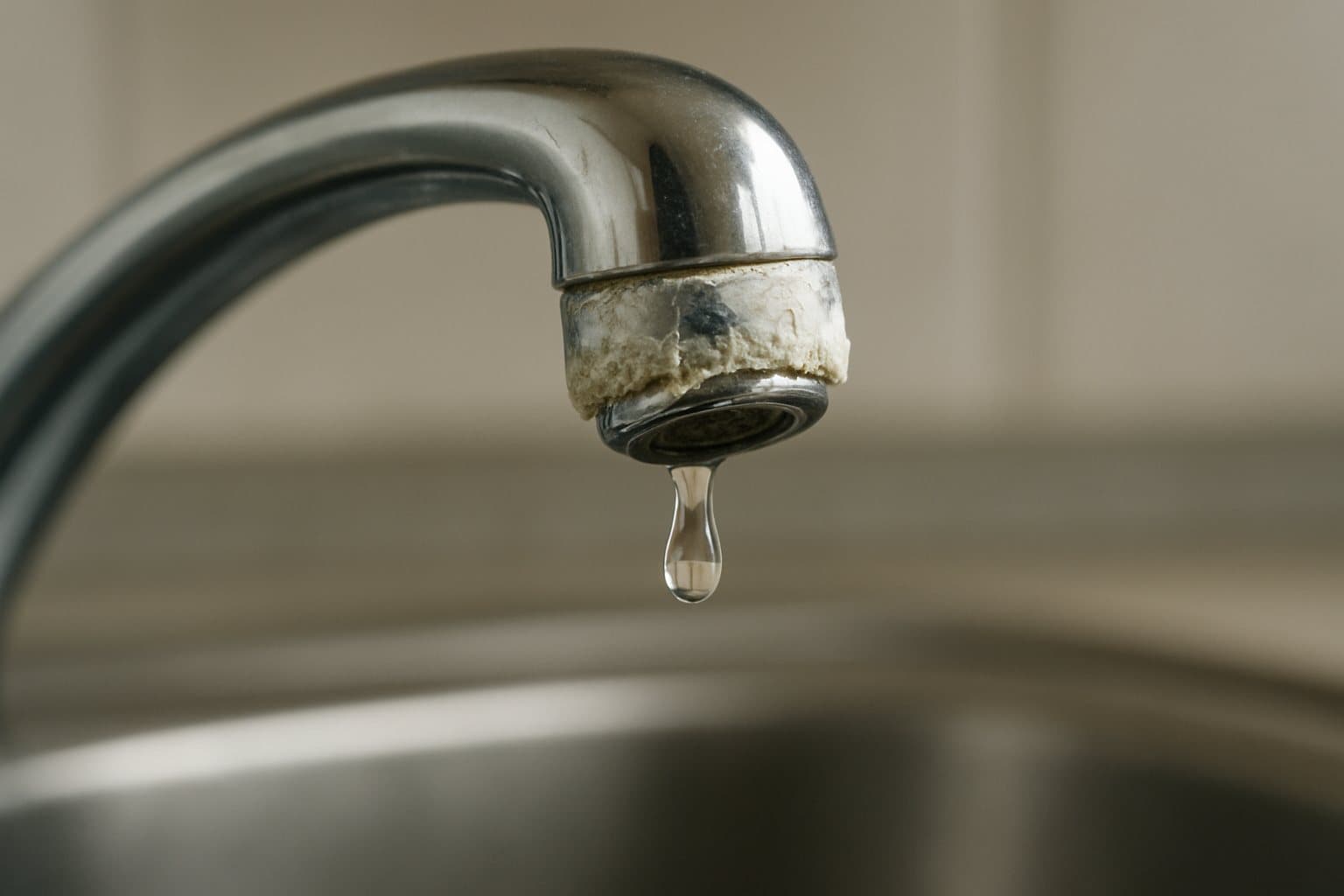 White limescale crust built up around a chrome faucet aerator