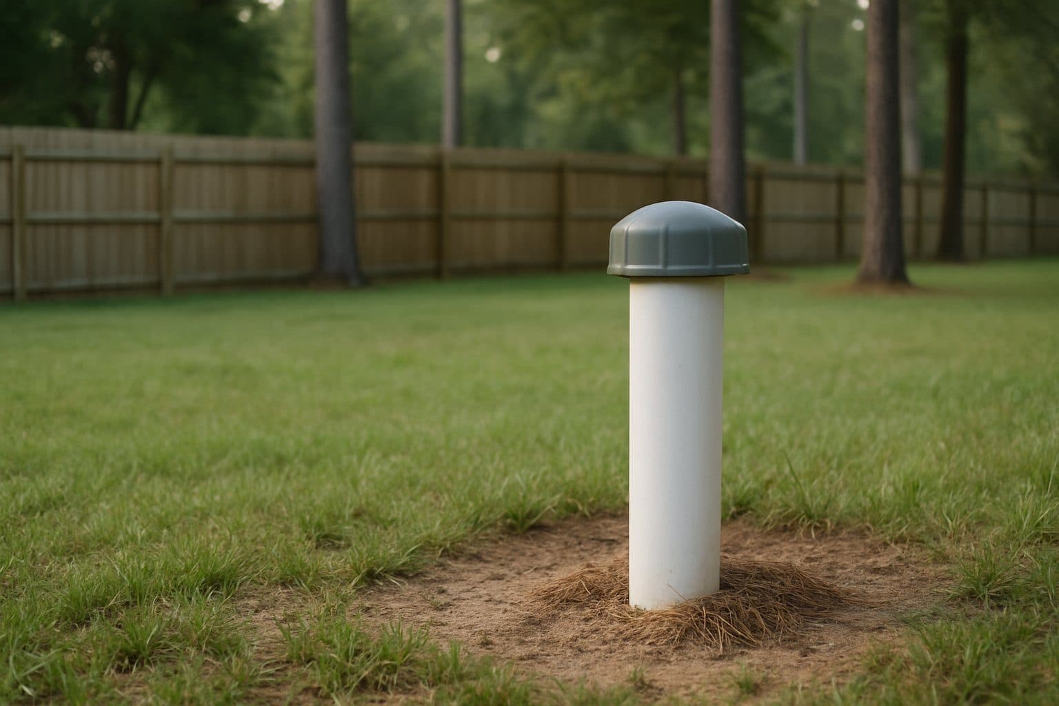 A capped private well casing rising from a sandy backyard with pines behind