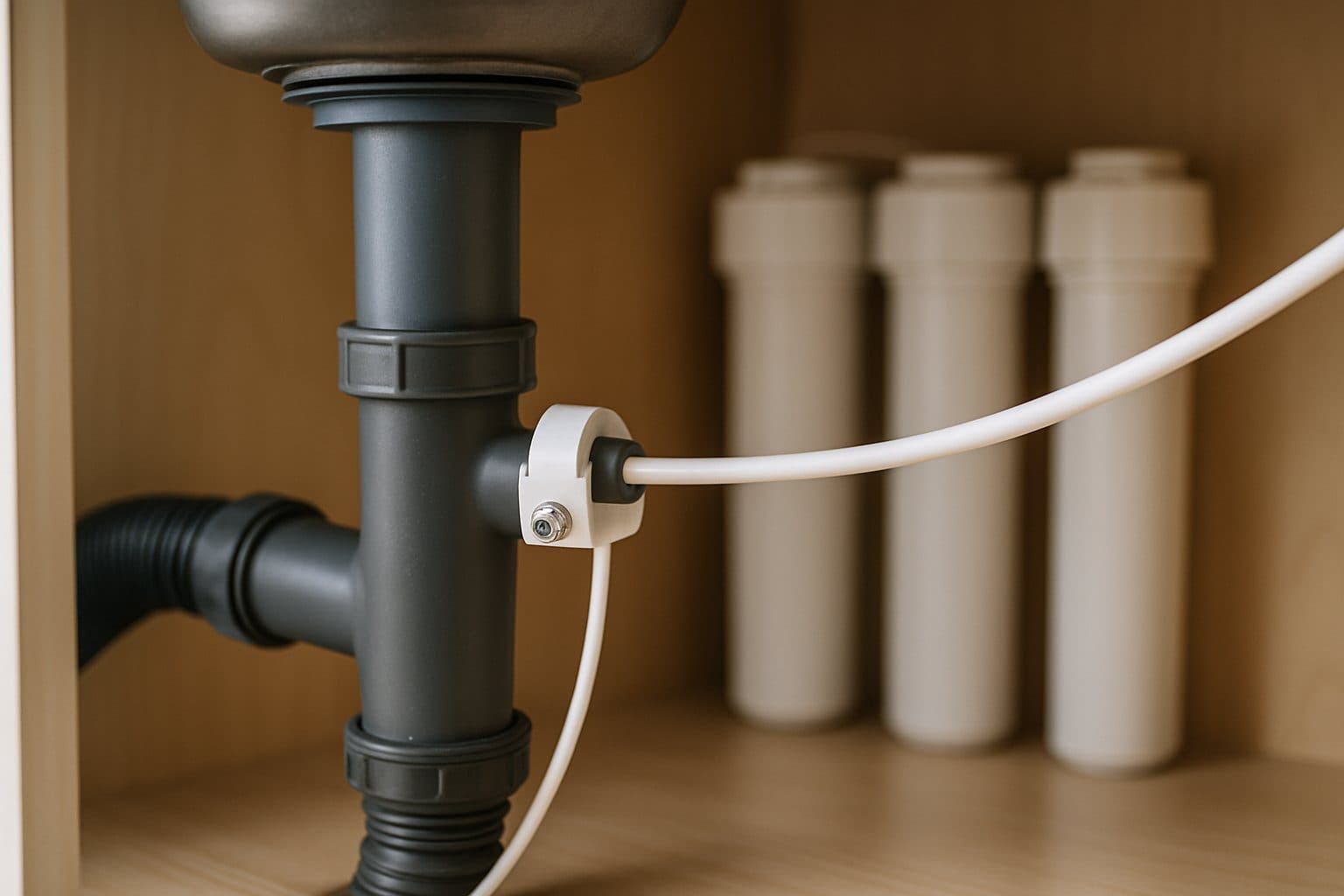 A reverse-osmosis drain line clamped to the drain pipe under a kitchen sink