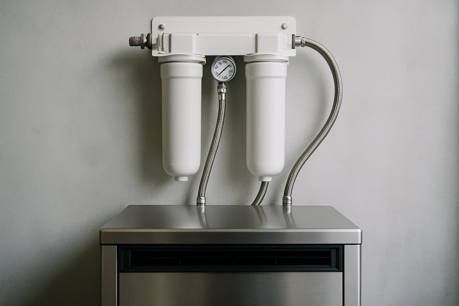 Commercial water filter cartridges with a pressure gauge above an ice machine