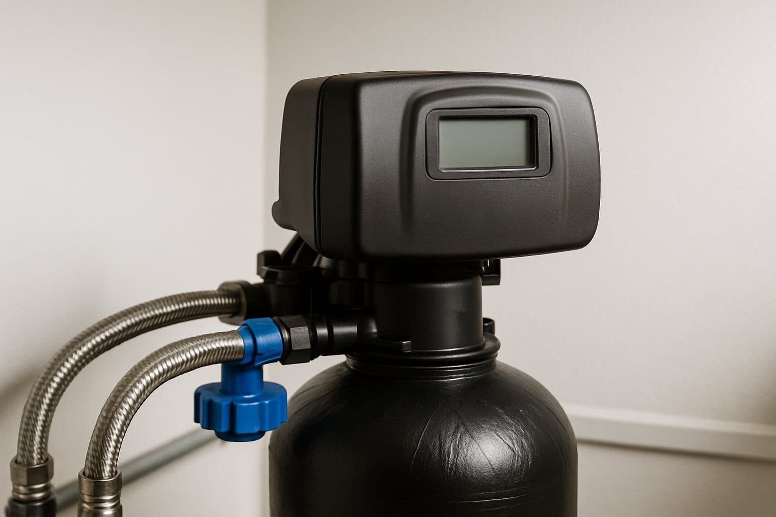 Close-up of a water softener control valve and bypass on a resin tank
