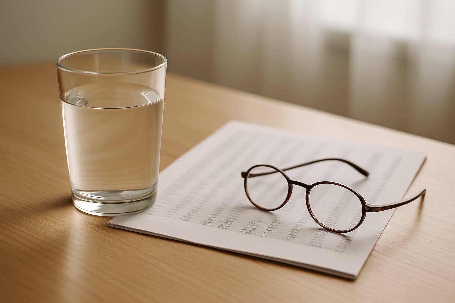 A glass of water beside a printed water report and reading glasses on a desk