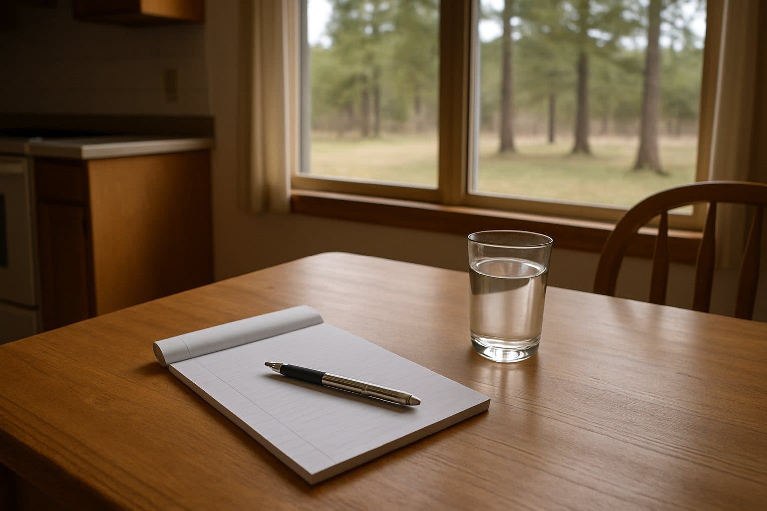 A blank notepad, pen and glass of water on a kitchen table by a window