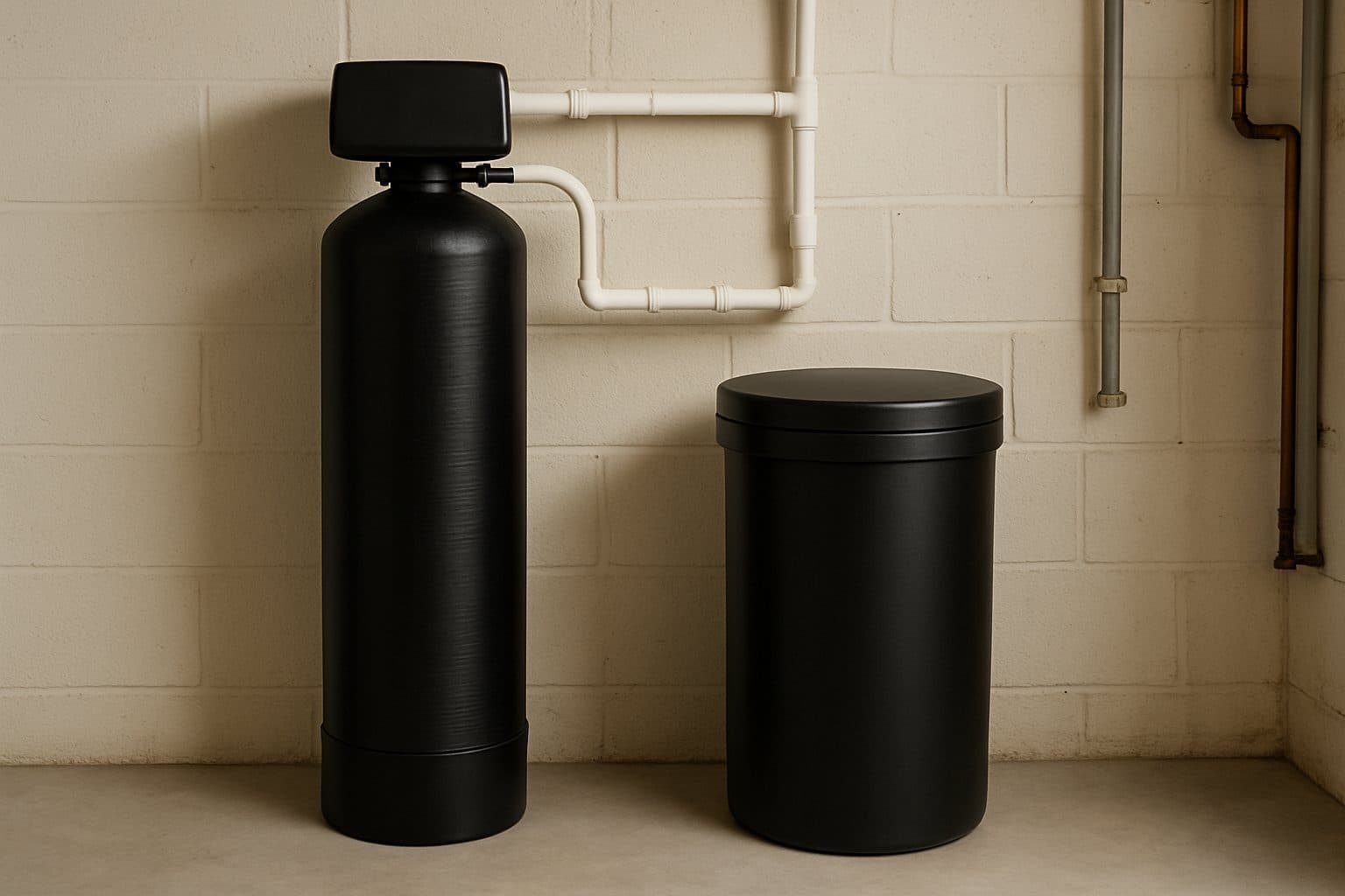 A salt-based water softener with its resin tank and brine tank in a utility room