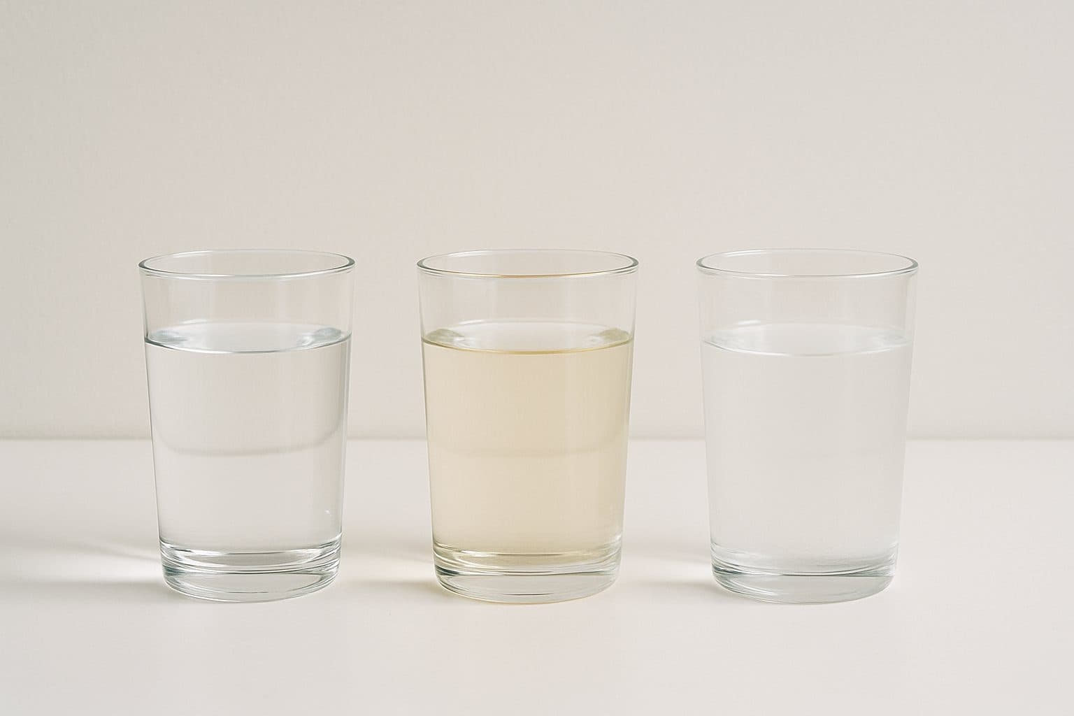 Three glasses of water side by side, one clear, one faintly tinted, one faintly cloudy