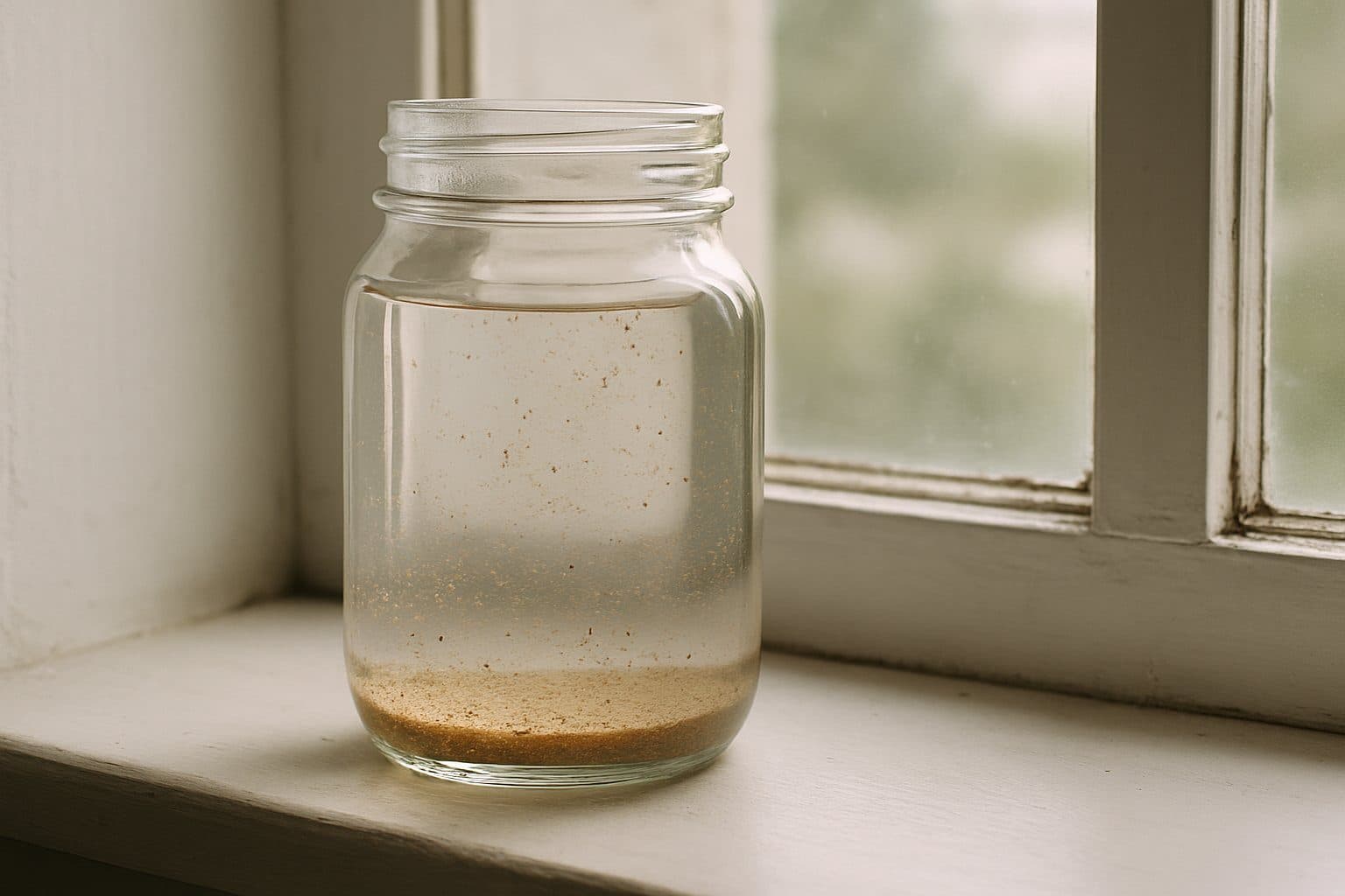 A glass jar of water with fine sand and dark specks suspended and settling
