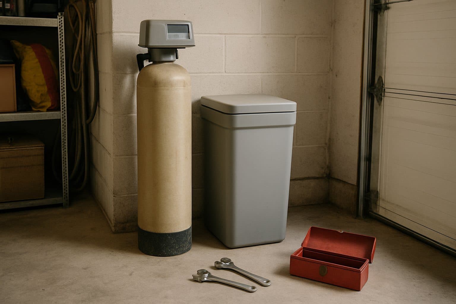 An older water softener in a garage corner with an open toolbox in front