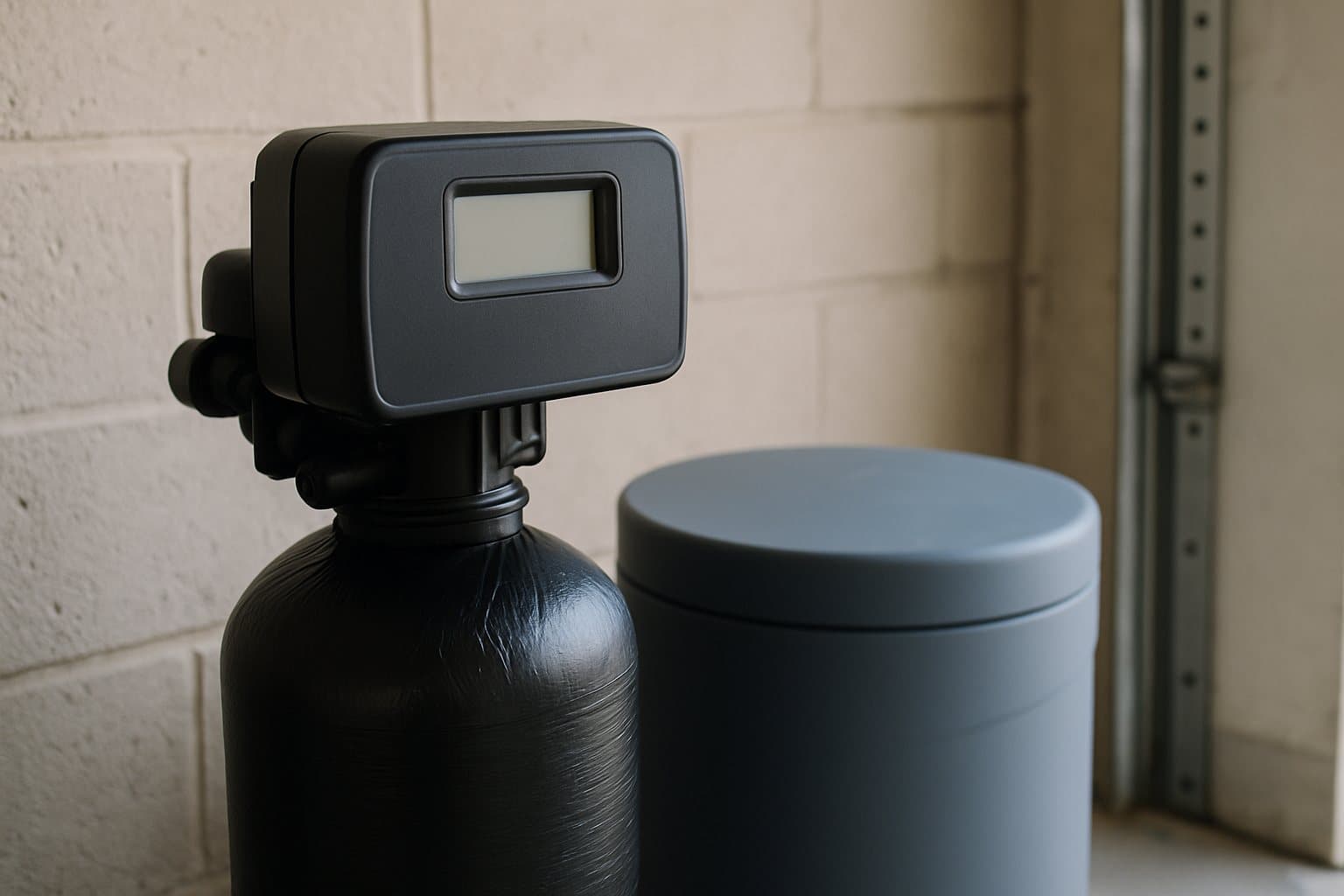 A water softener control head and brine tank in a garage corner