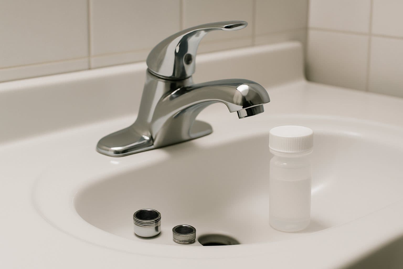 A sealed sample bottle beside a bathroom faucet with its aerator removed
