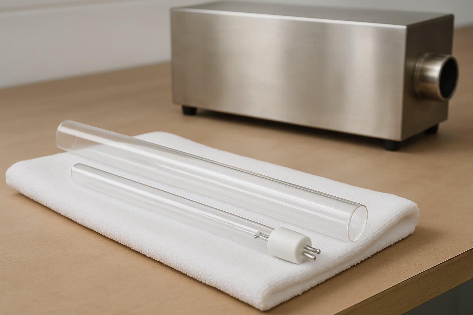 A UV lamp and its quartz sleeve laid out on a towel on a workbench
