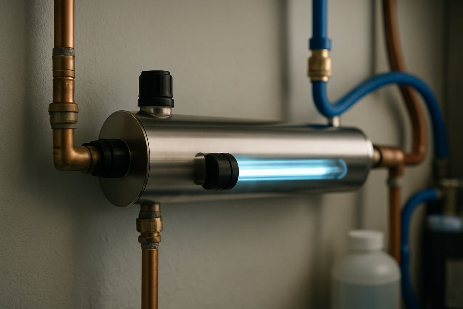 A UV disinfection chamber with its lamp partly withdrawn from the quartz sleeve