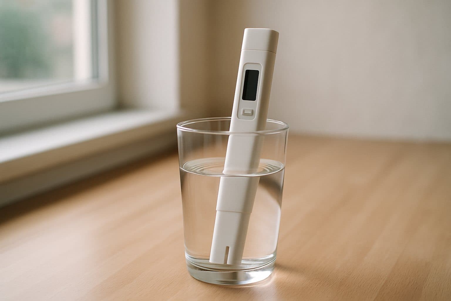 A pen-style TDS meter standing in a glass of water