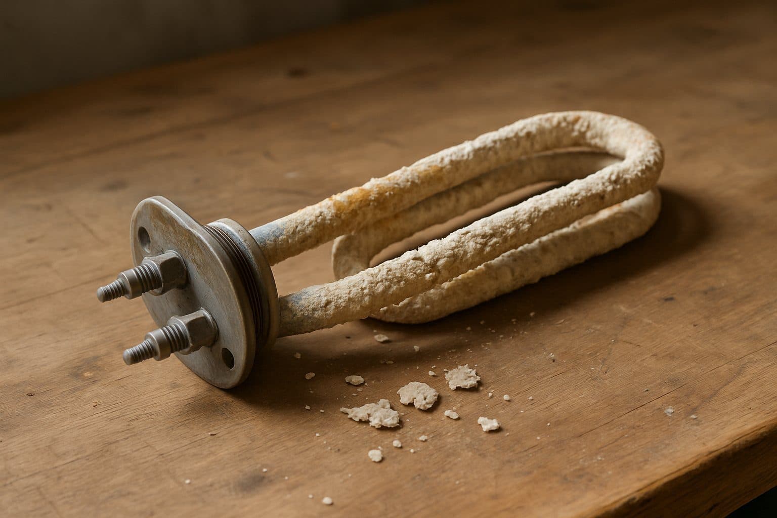 A water-heater heating element crusted with white mineral scale on a workbench