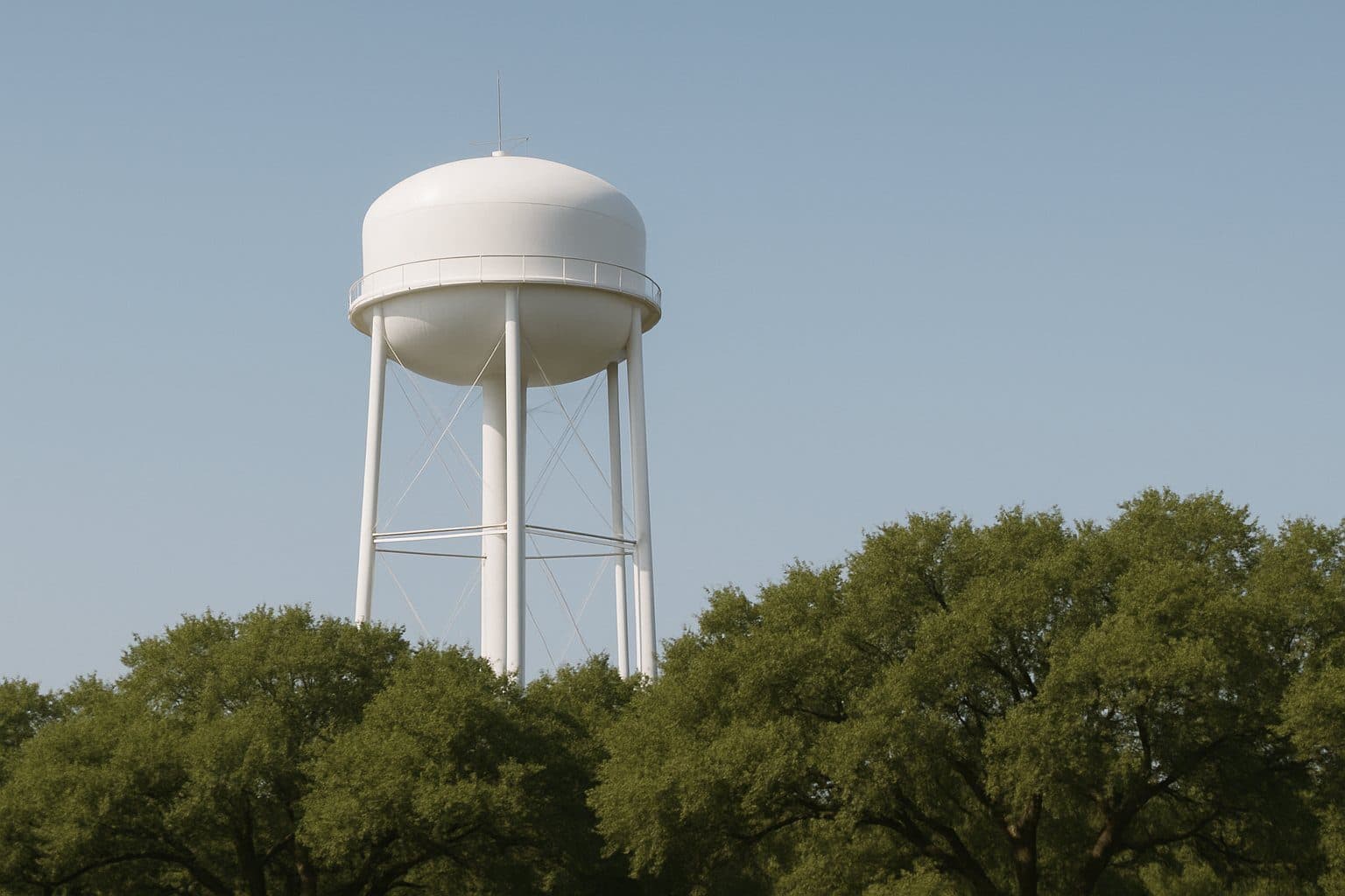 A plain white municipal water tower above green treetops