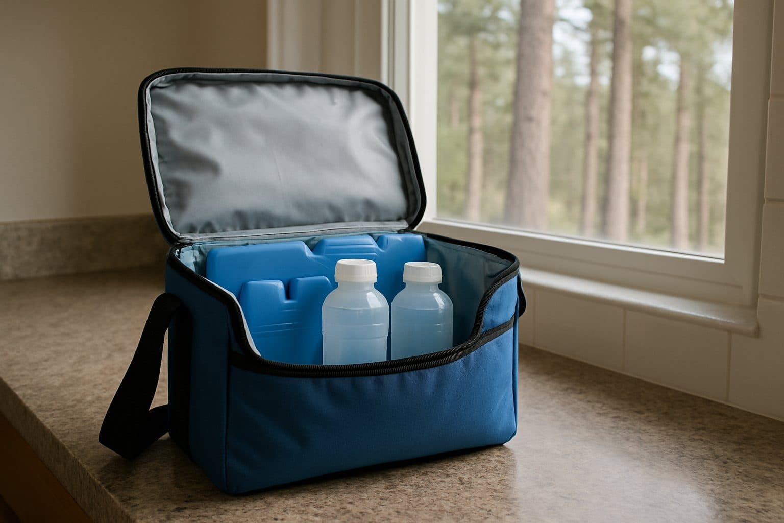 Two water sample bottles on ice packs in a small cooler on a kitchen counter