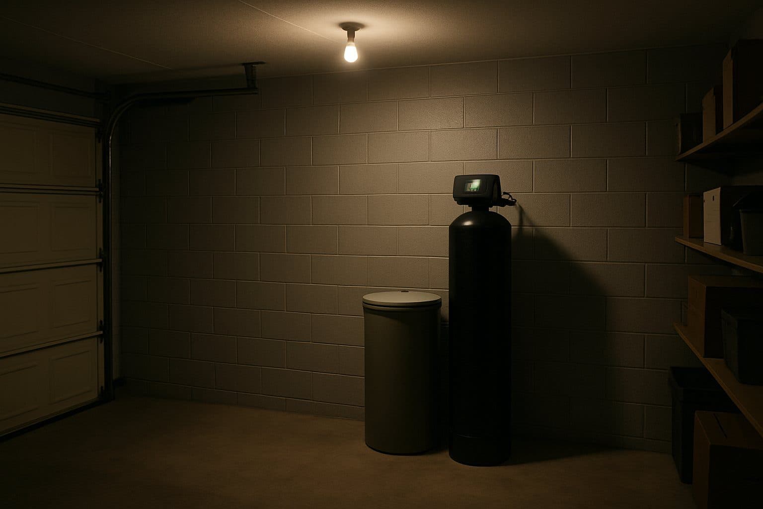 A water softener in a dim garage at night with a small indicator light on
