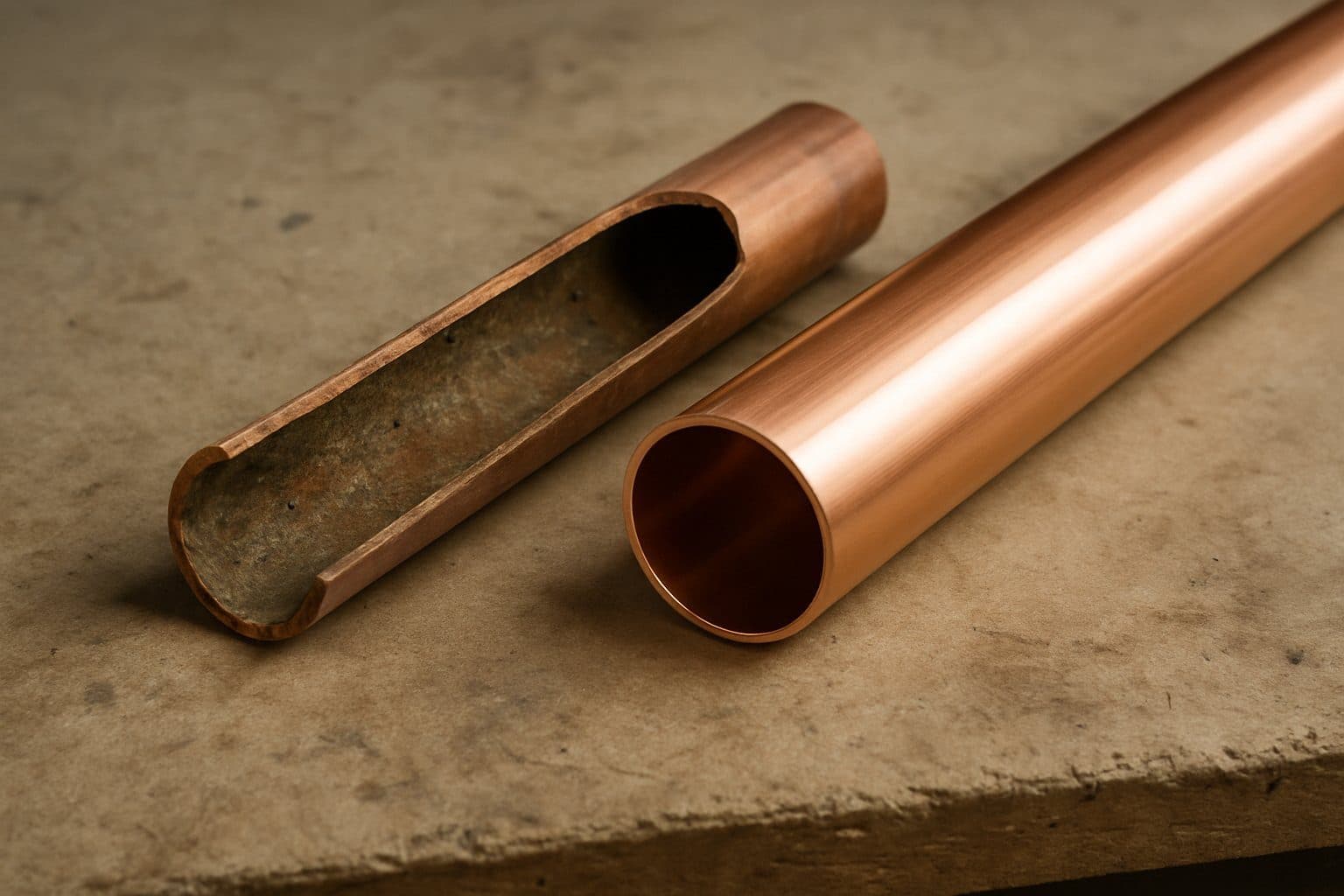 An old corroded copper pipe section beside a new copper pipe on a workbench
