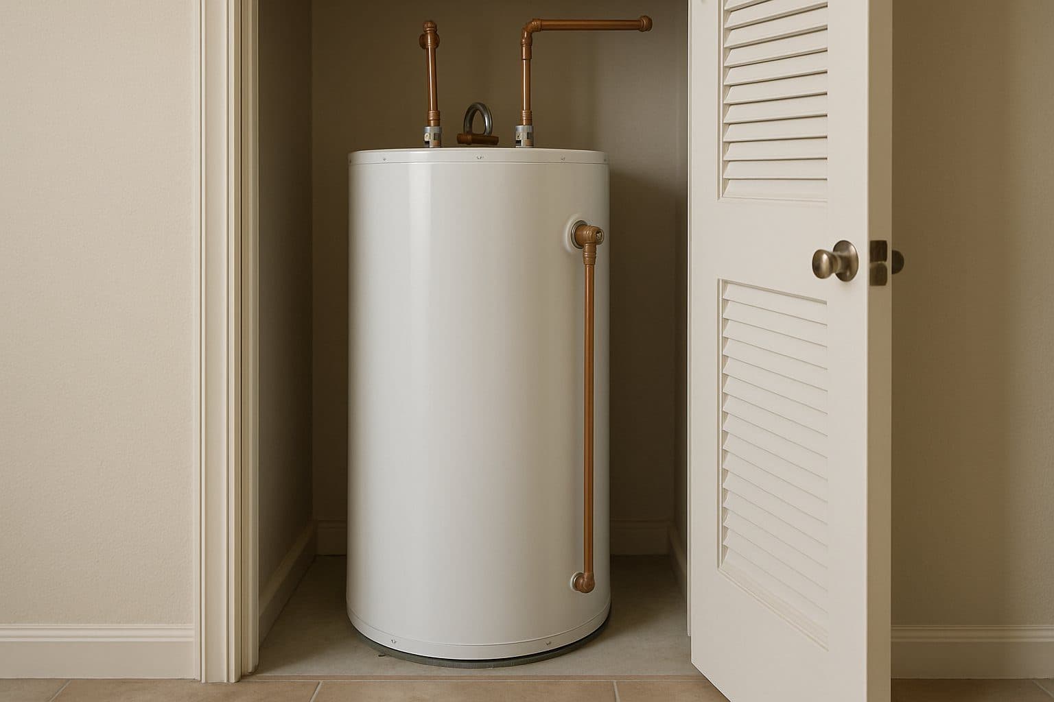 A tank water heater in a utility closet with the door open
