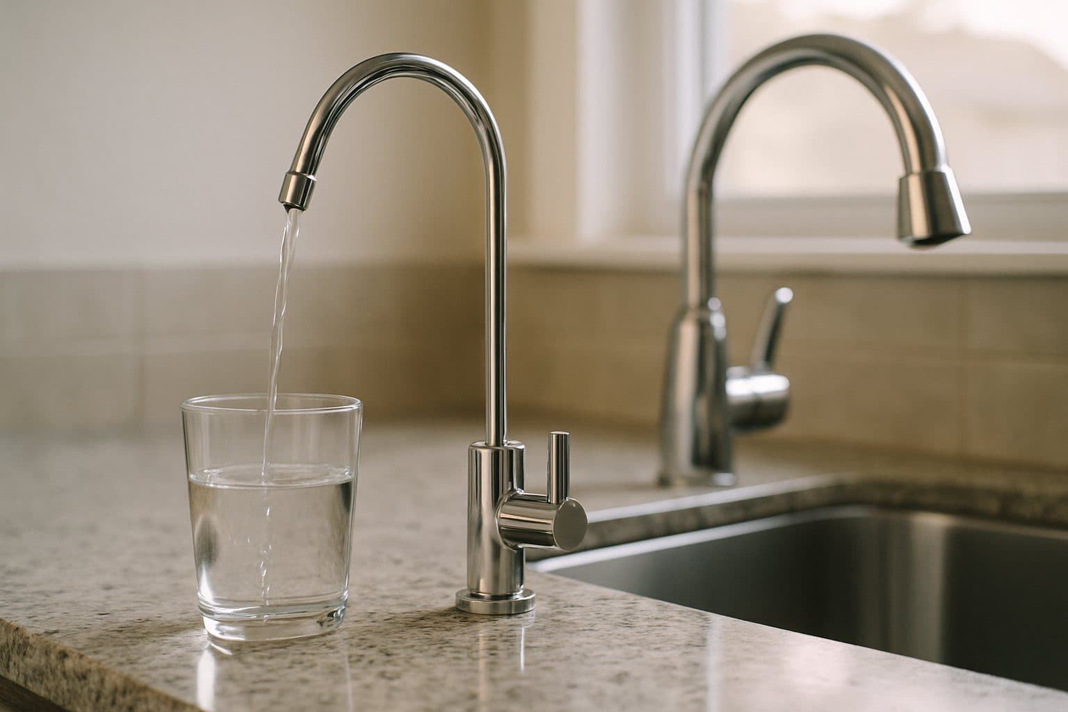 A small drinking-water faucet filling a glass beside the main kitchen tap