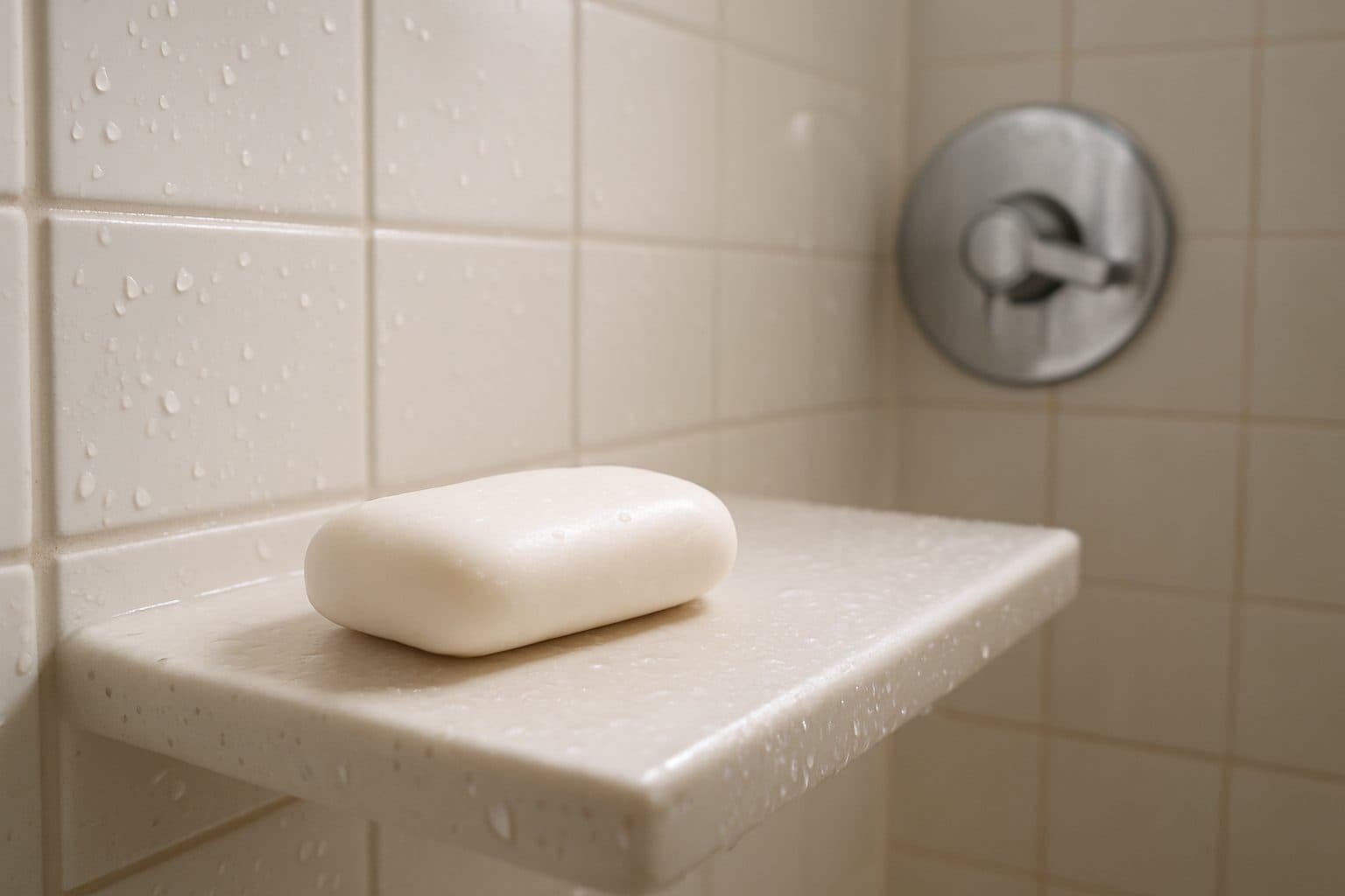 A wet bar of soap on a tiled shower shelf