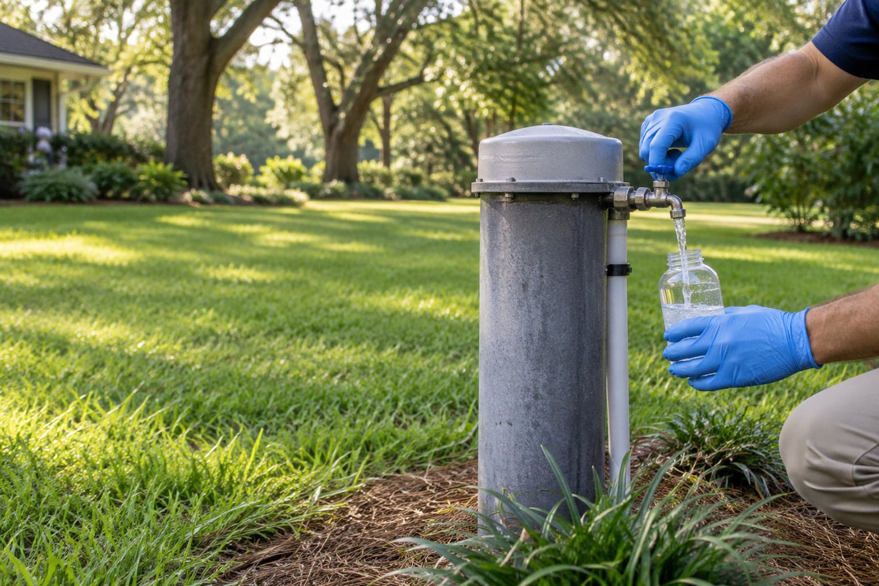 Water sample being collected from a protected residential wellhead