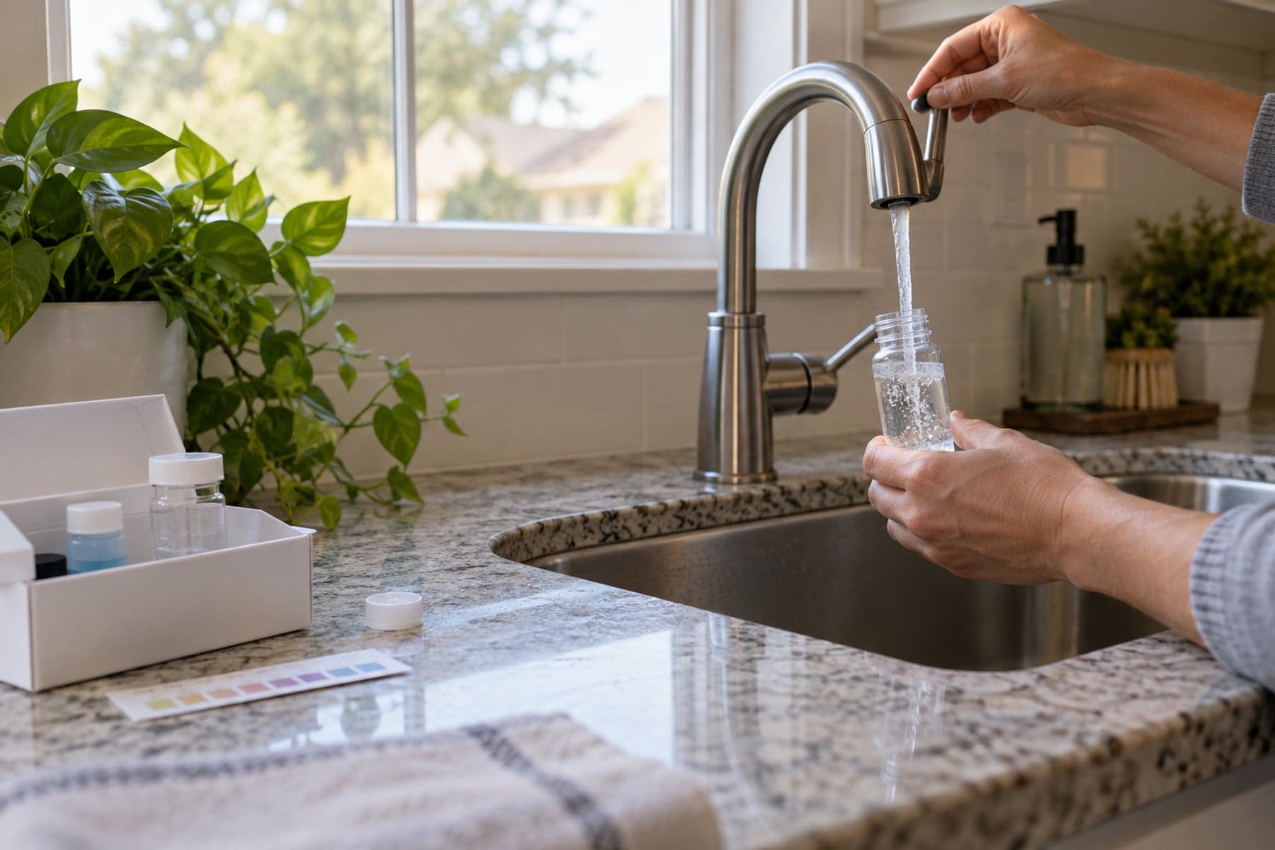 Tap-water sample being collected beside an in-home field test kit