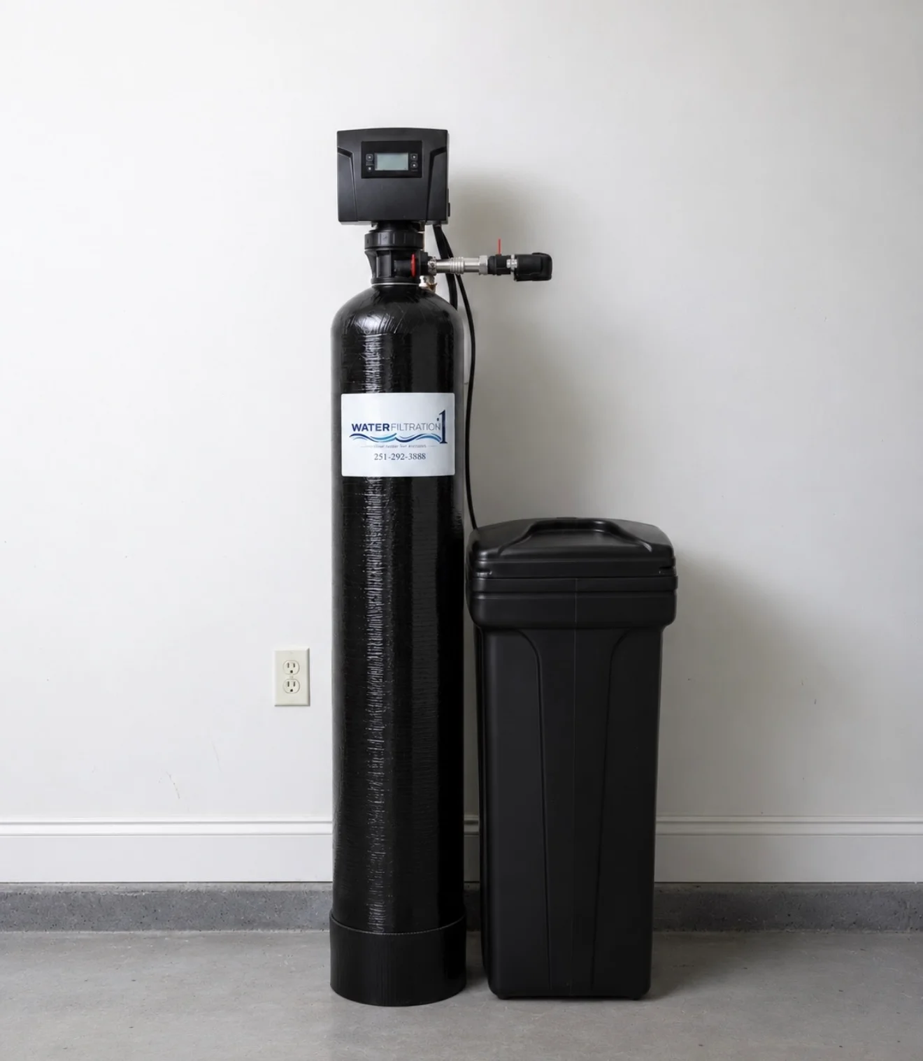 WF1 single-tank water treatment system shown with its control head and brine cabinet