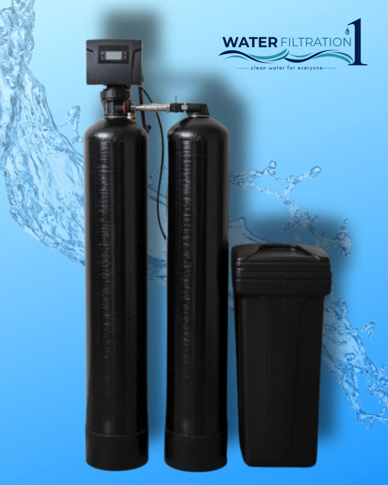 Water Filtration 1 whole-home dual tank system: two black mineral tanks with a digital control valve beside a black brine tank