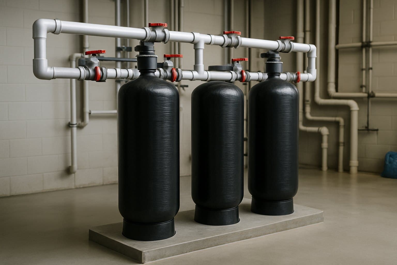 Row of commercial water-treatment tanks manifolded in a mechanical room