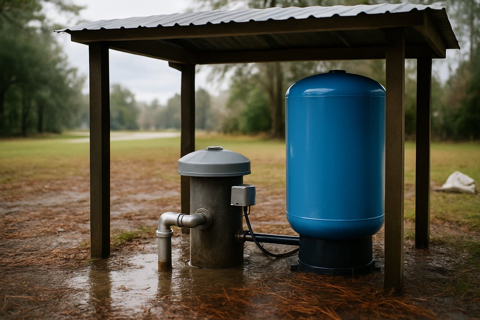 Residential wellhead and pressure tank under a shelter after a storm
