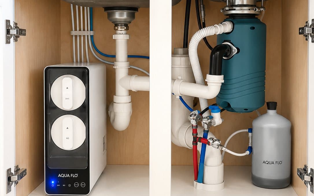 Under-sink reverse-osmosis unit installed in an open kitchen cabinet beside the sink plumbing