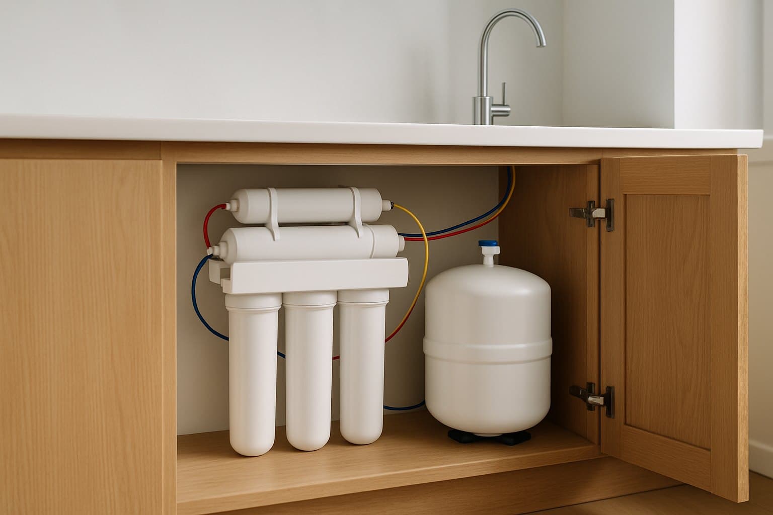 Under-sink reverse-osmosis system with storage tank and dedicated faucet