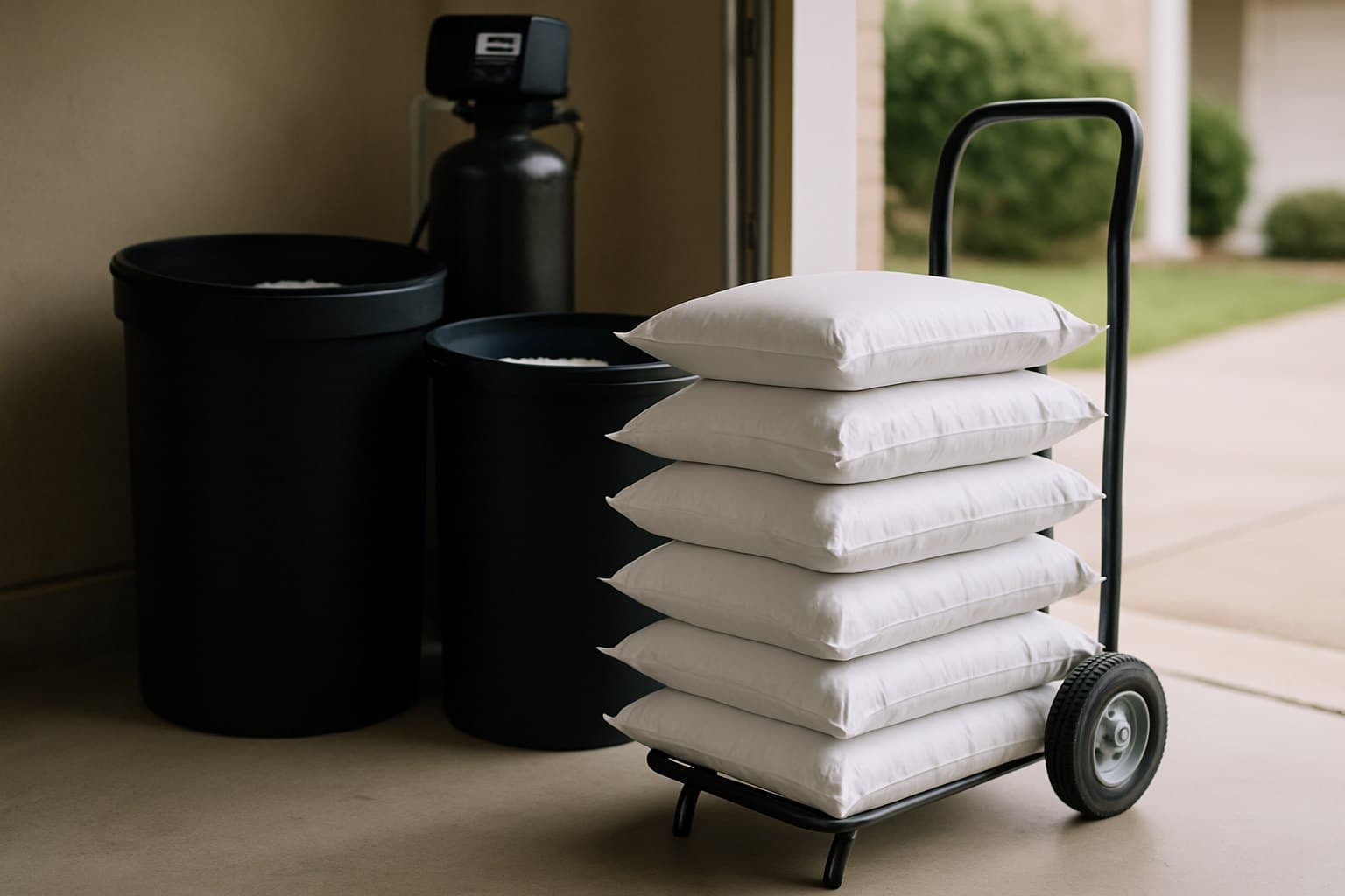 Unmarked softener-salt bags on a hand truck beside a brine tank