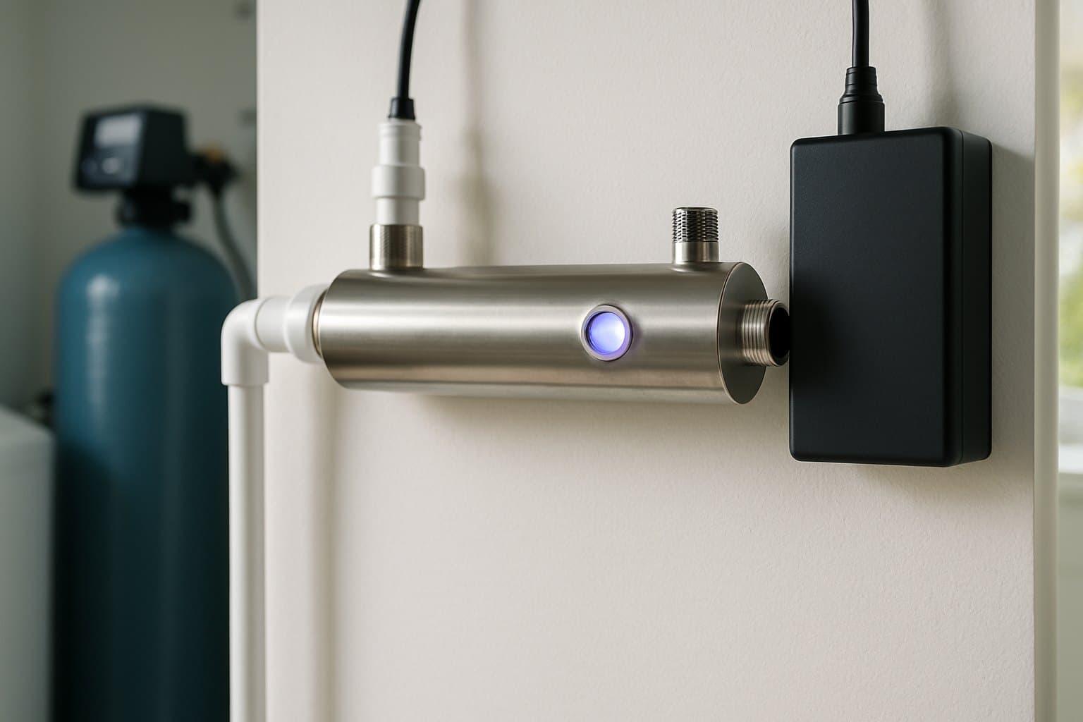 Inline stainless-steel UV disinfection chamber on a utility-room wall