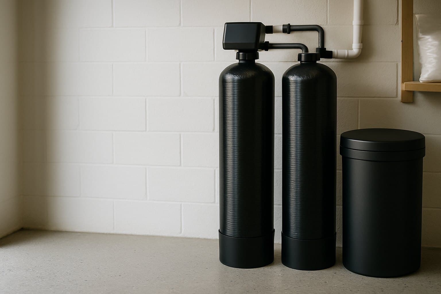 Dual-tank water softener with brine tank in a residential garage