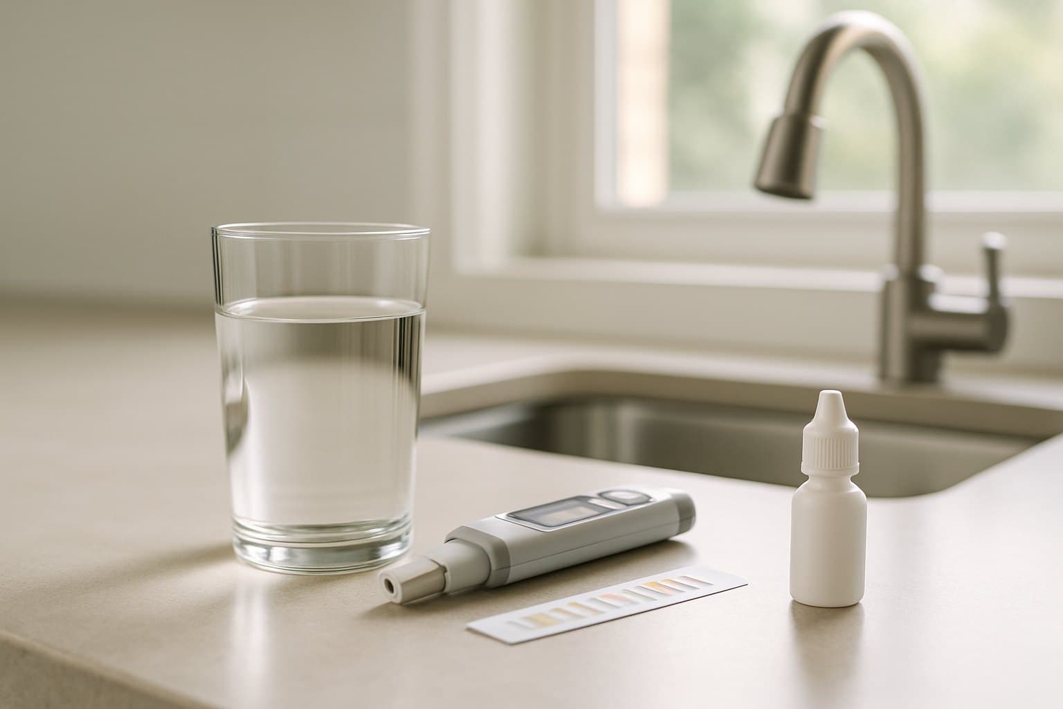 Glass of tap water beside a handheld water-quality meter and test strip