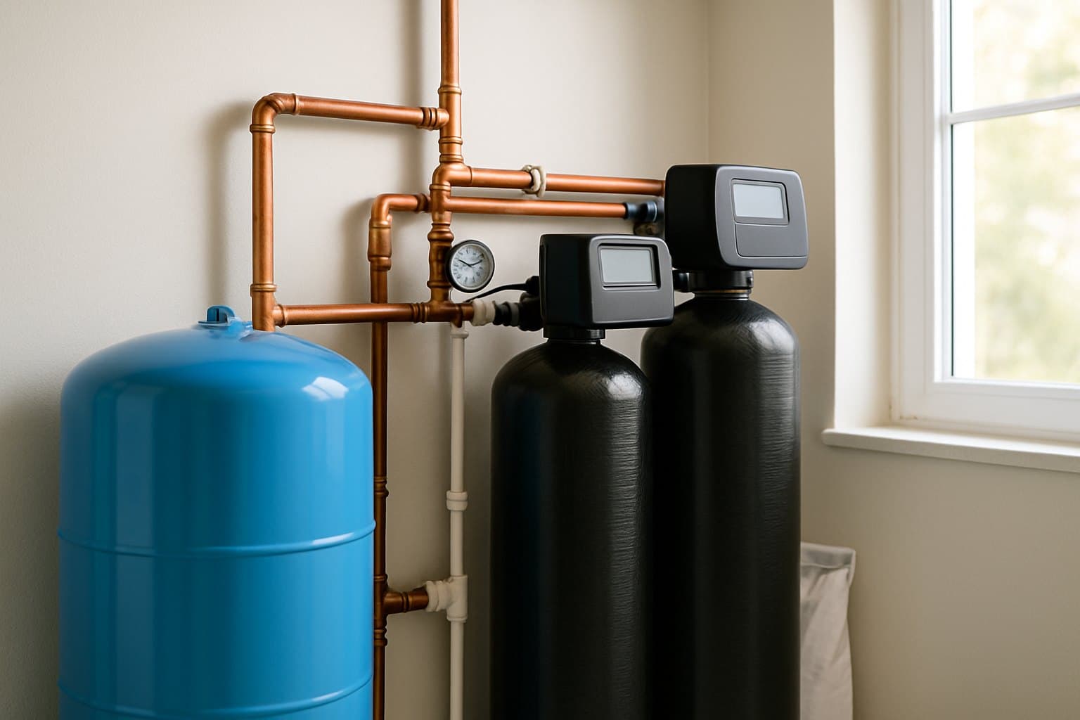 Well pressure tank beside water-treatment tanks in a utility room