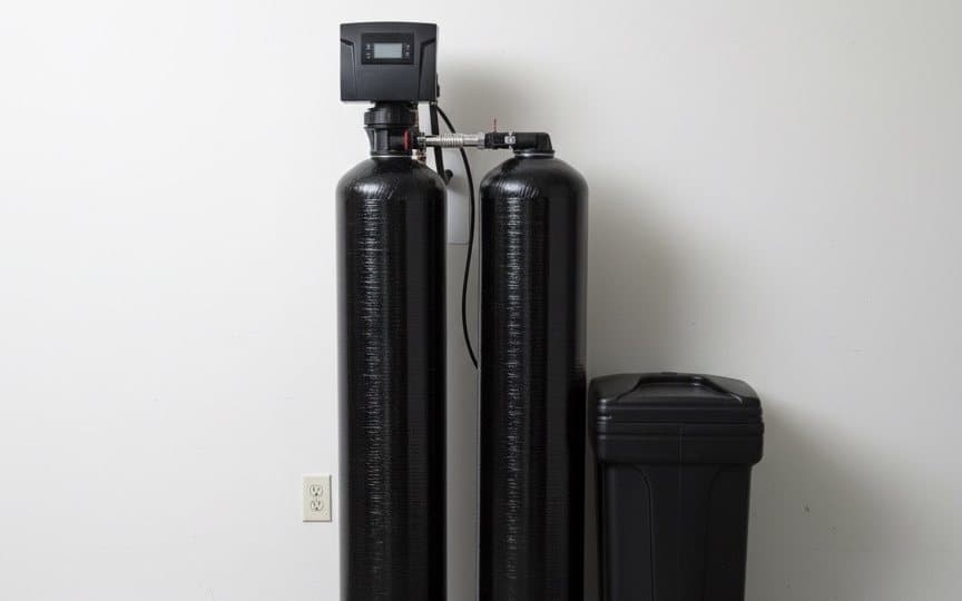 Dual-tank water softener with electronic control head and brine tank installed against an interior wall