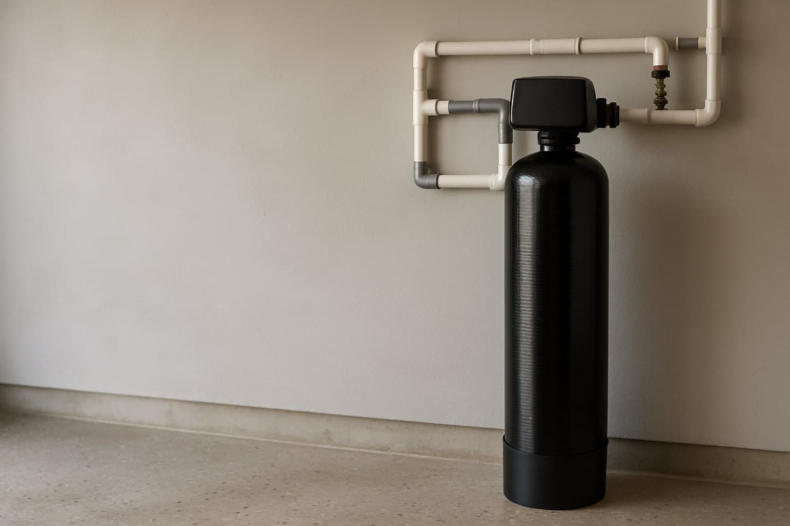 Whole-house filtration tank and bypass plumbing at a home's main water line