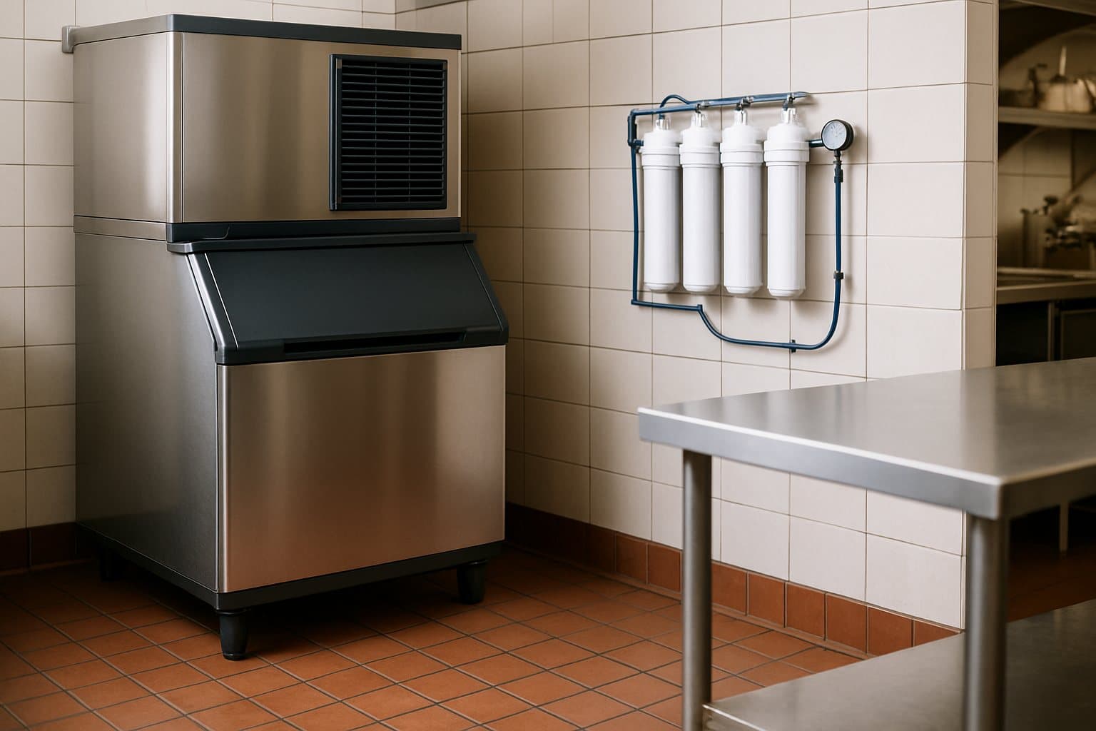 A stainless restaurant ice machine with filter cartridges on the wall beside it