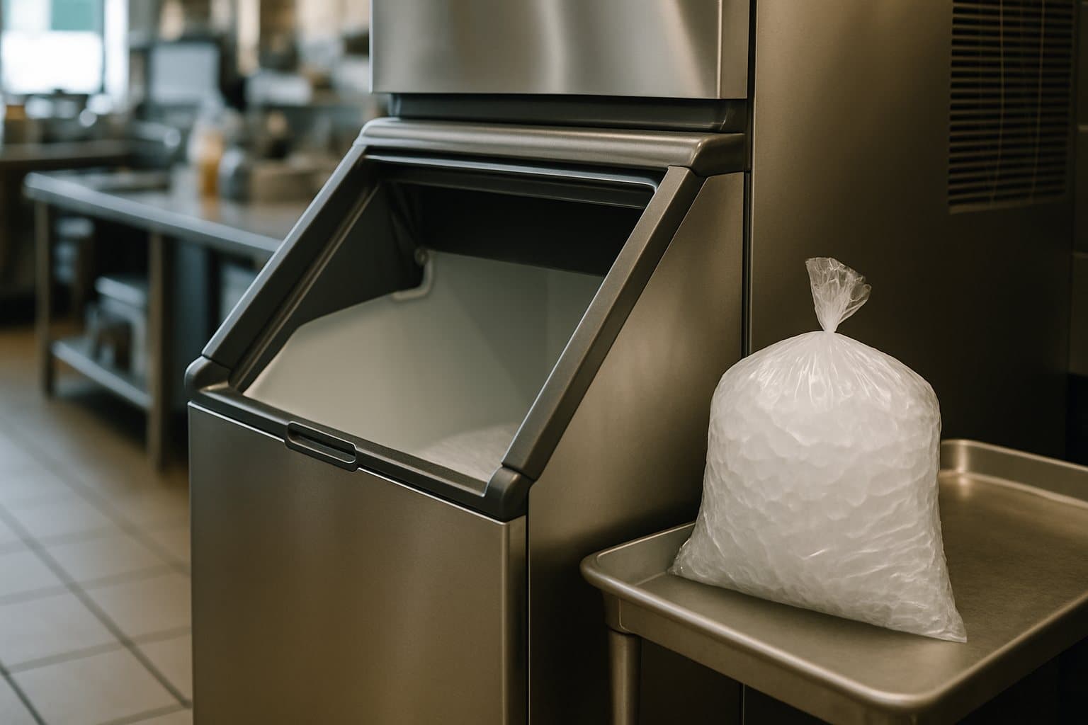An empty commercial ice machine bin with its door open in a restaurant kitchen