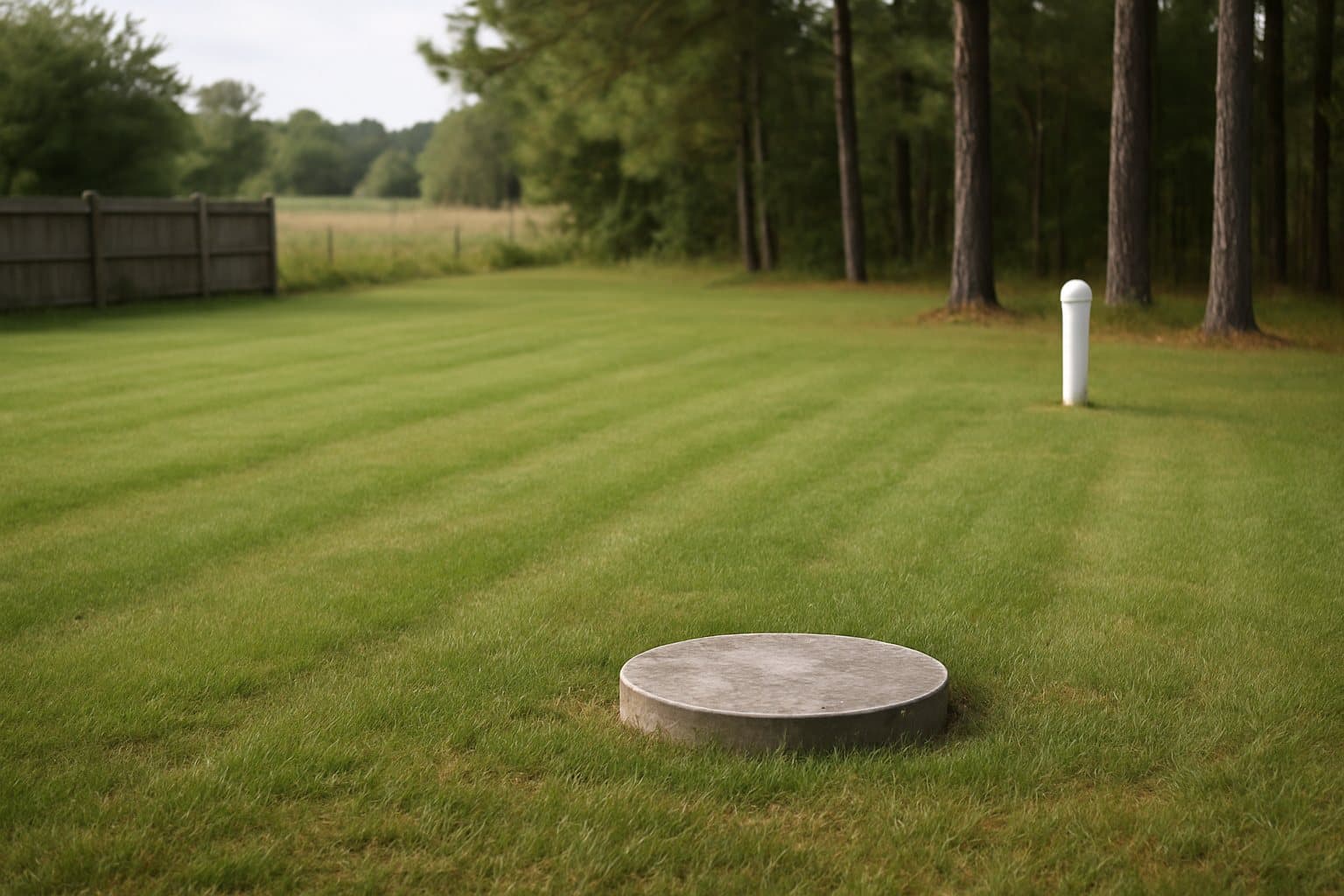 A green backyard lawn over a septic drain field with a well cap in the distance