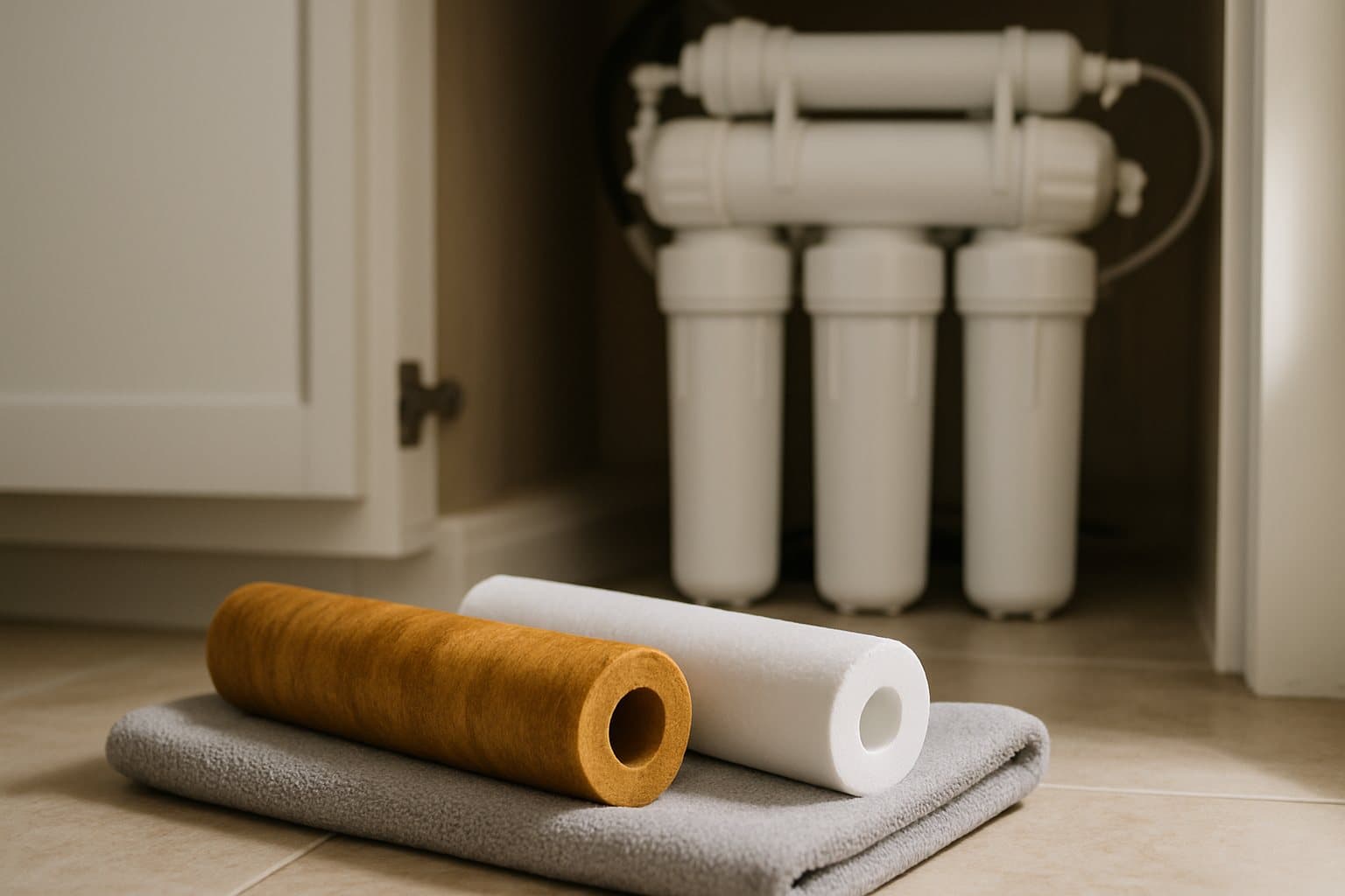A spent and a new RO filter cartridge side by side on a towel