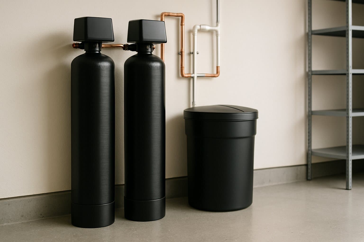 Two treatment tanks and a brine tank on a home's main water line